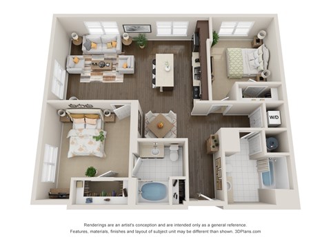 Floor plan for 2 beds, 2 baths, 1262 sqft